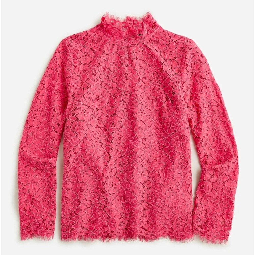 NEW J. Crew Pink Scalloped Lace Mock Neck Top Size 8 Pink Coquette Victorian
